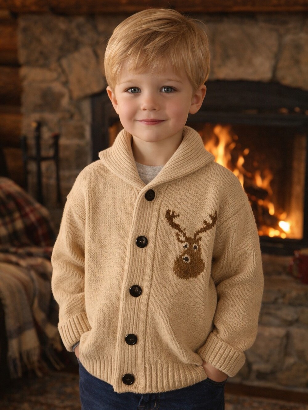 JANIE AND JACK " THE COZY DEER " CARDIGAN IN LIGHT COCOA HEATHER  SIZE 12-18 MON
